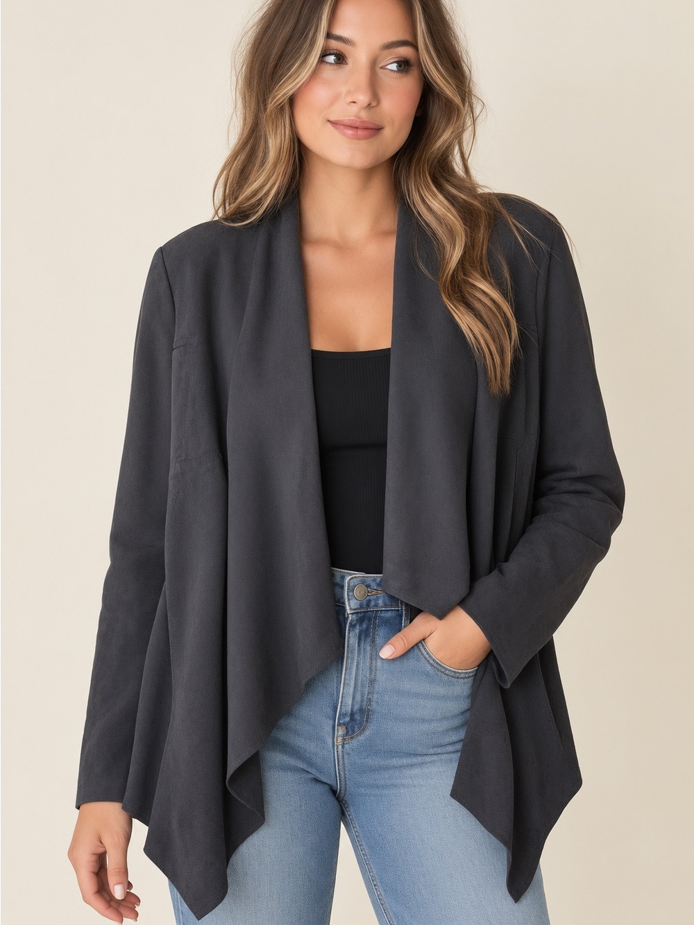 Kut from the Kloth Charcoal Draped Open-Front Blazer Suede